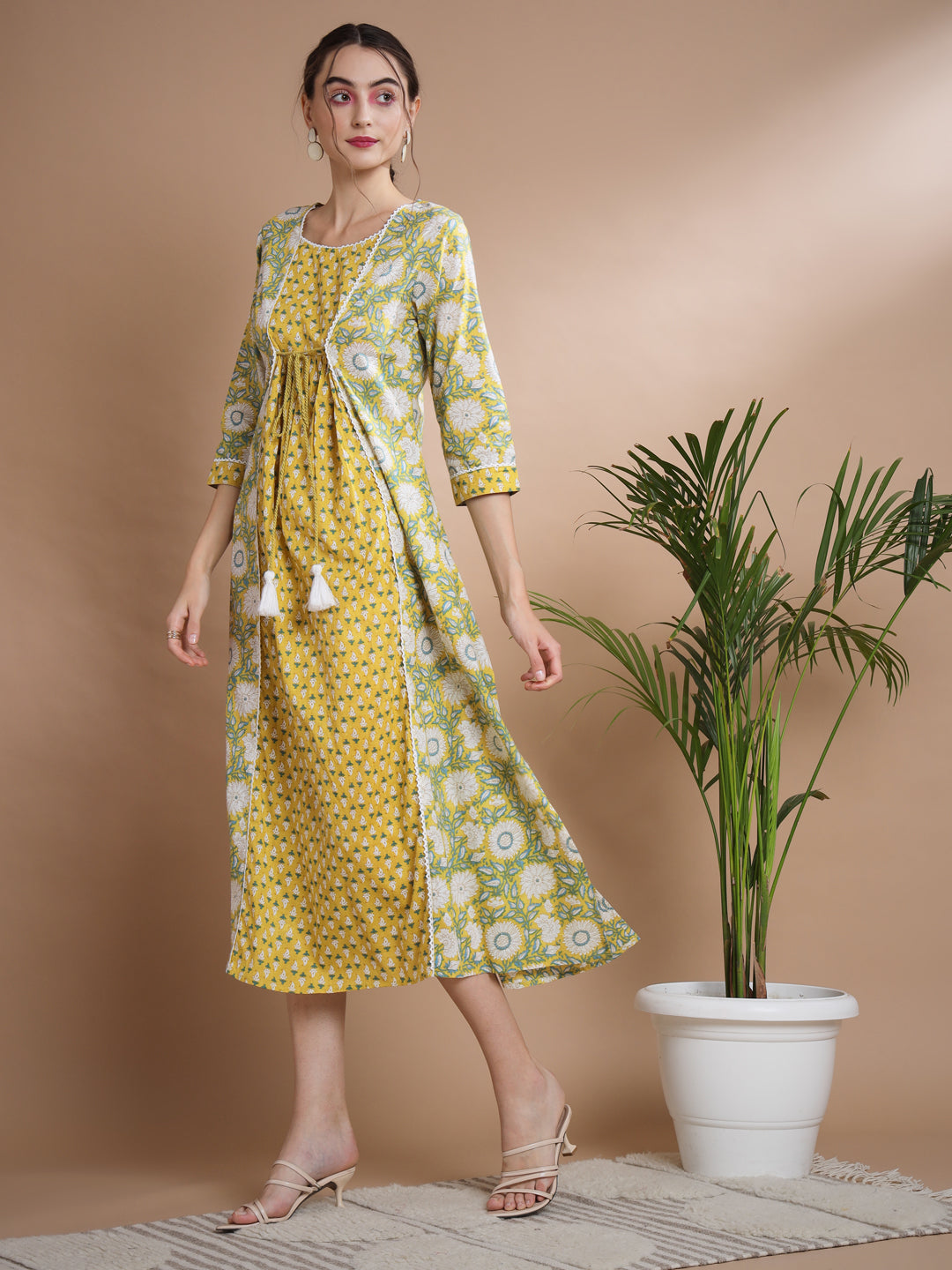 Women's Yellow Floral Printed Gown Dress