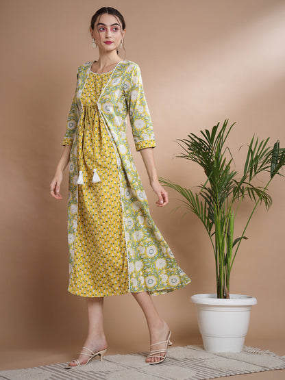 Women's Yellow Floral Printed Gown Dress
