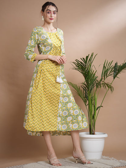 Women's Yellow Floral Printed Gown Dress