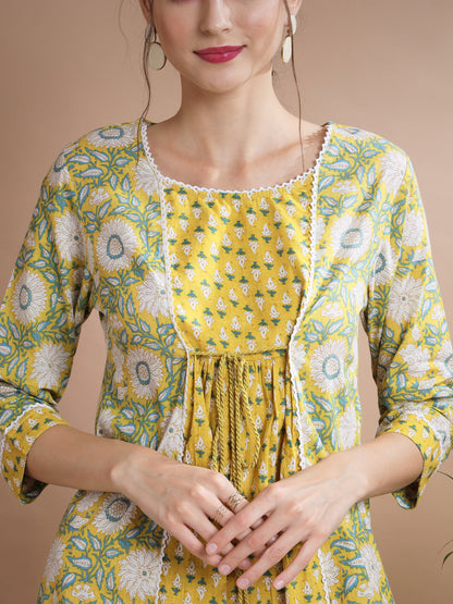 Women's Yellow Floral Printed Gown Dress