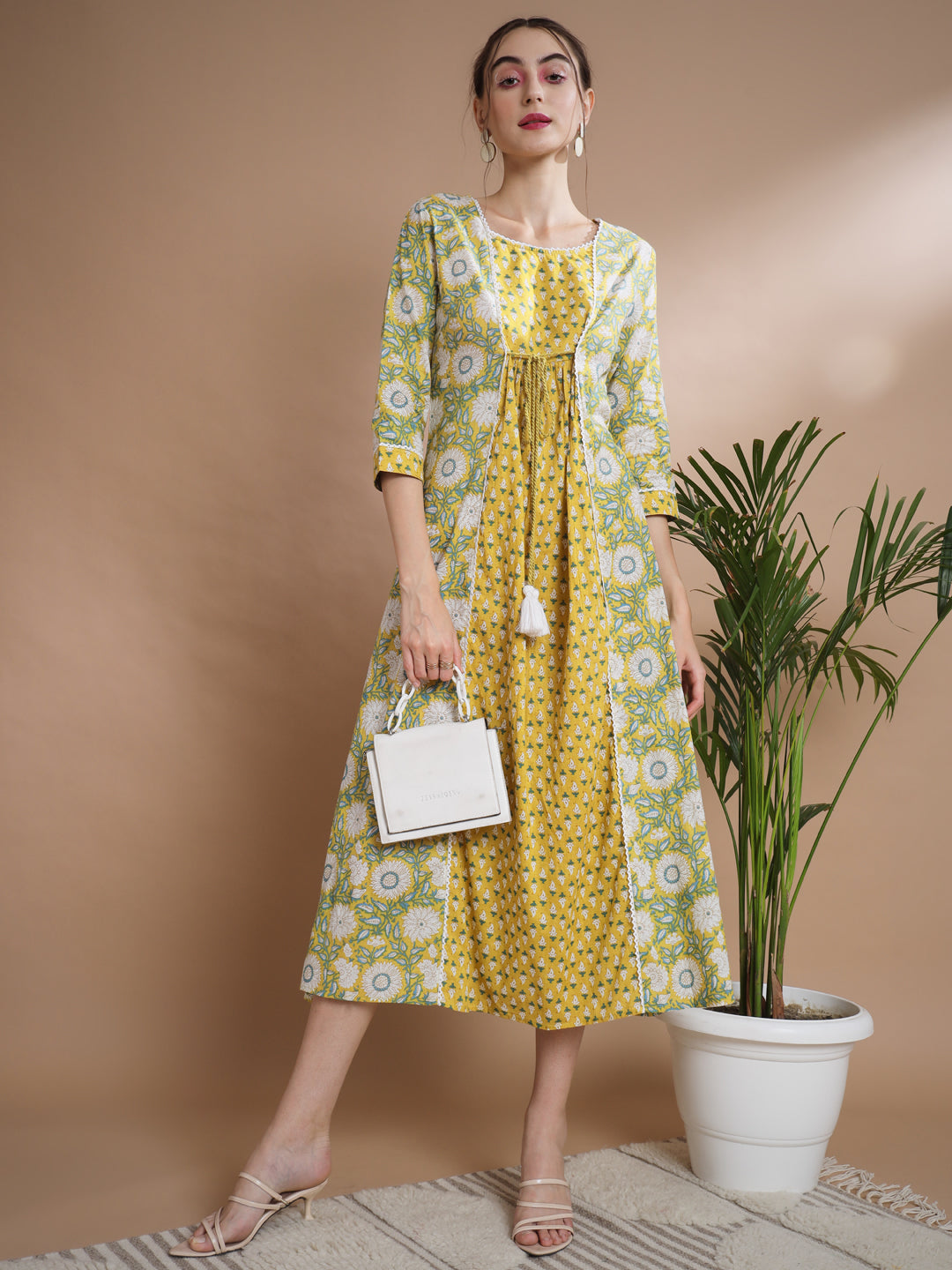 Women's Yellow Floral Printed Gown Dress