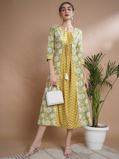 Women's Yellow Floral Printed Gown Dress