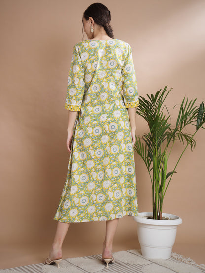 Women's Yellow Floral Printed Gown Dress