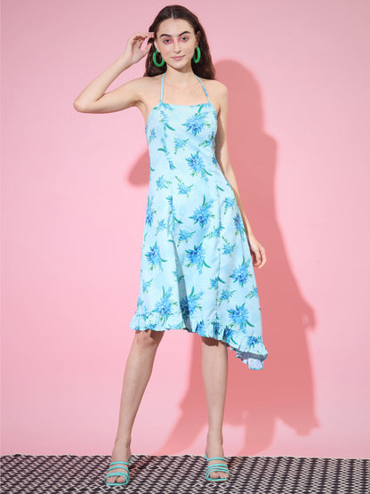 Women's Blue Floral Printed Fit And Flare Dress