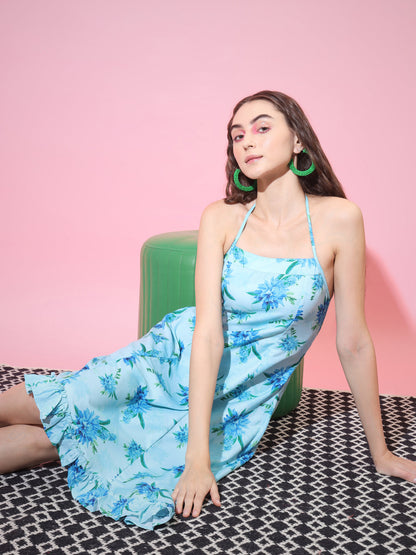 Women's Blue Floral Printed Fit And Flare Dress