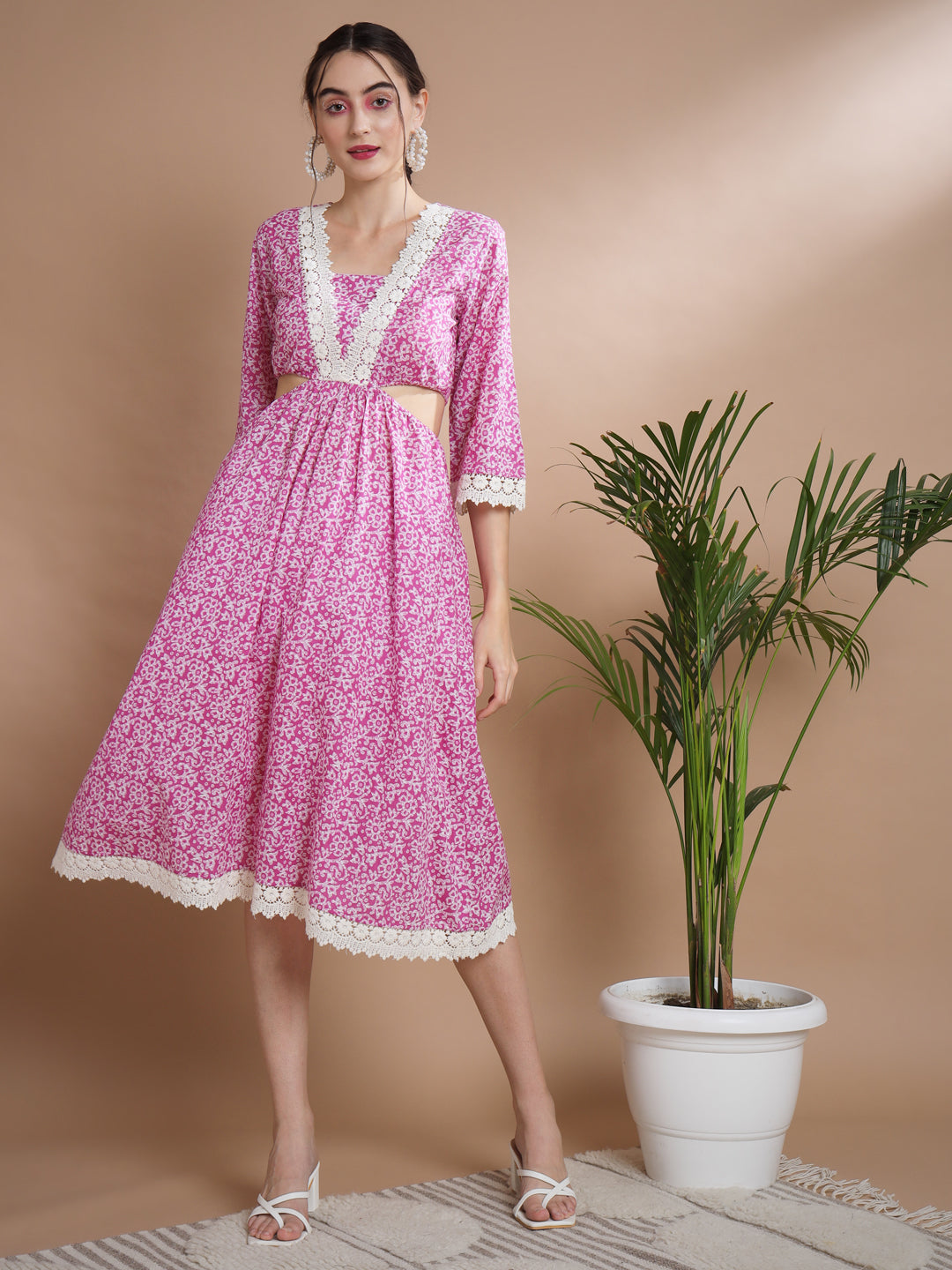 Women's Pink Floral Printed Fit And Flare Dress