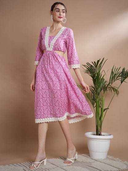 Women's Pink Floral Printed Fit And Flare Dress