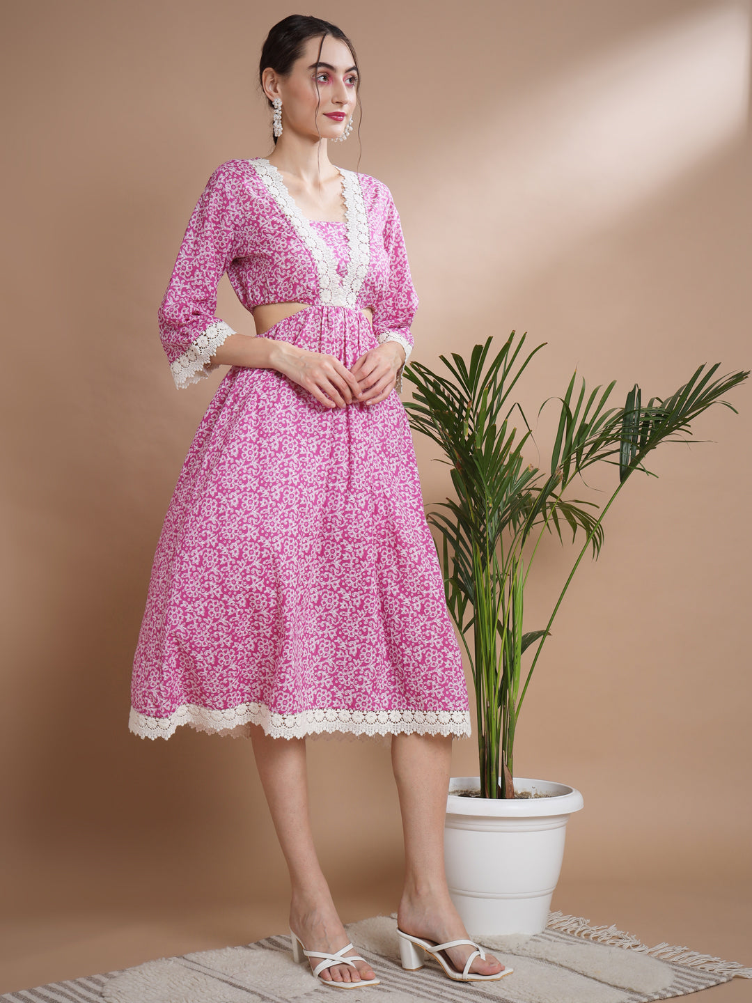 Women's Pink Floral Printed Fit And Flare Dress