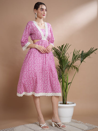 Women's Pink Floral Printed Fit And Flare Dress