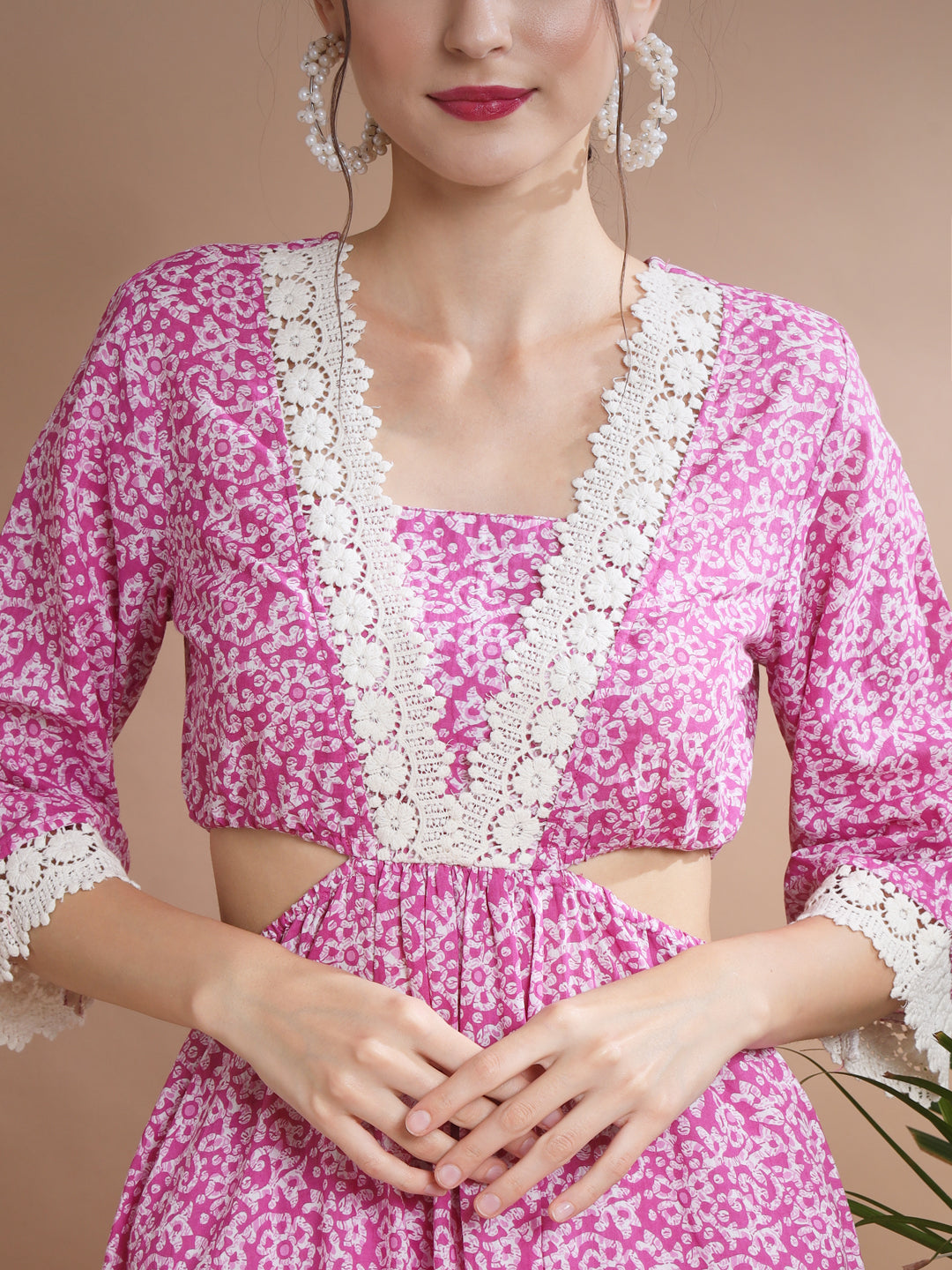 Women's Pink Floral Printed Fit And Flare Dress