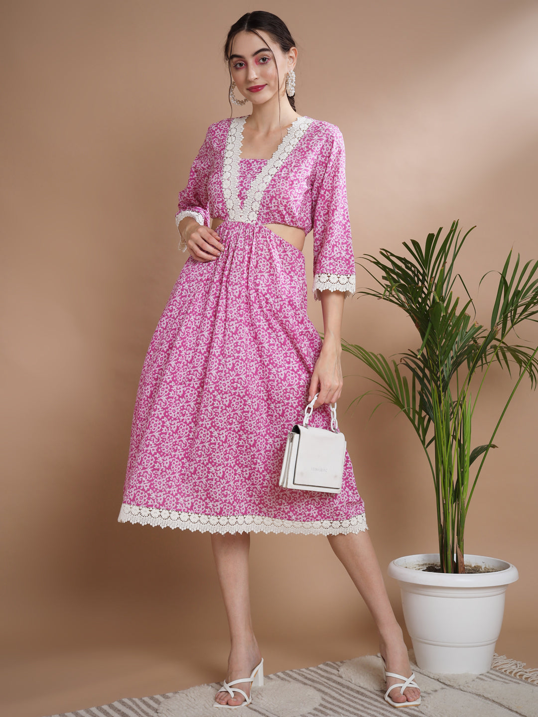 Women's Pink Floral Printed Fit And Flare Dress