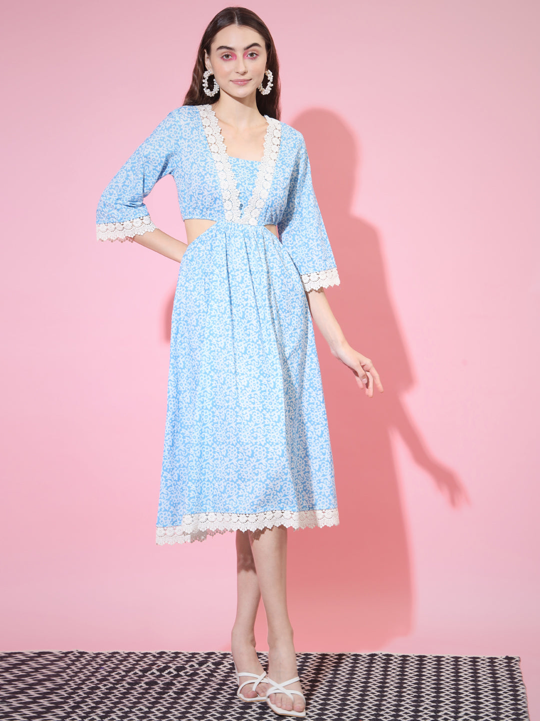 Women's Blue Floral Printed Fit And Flare Dress