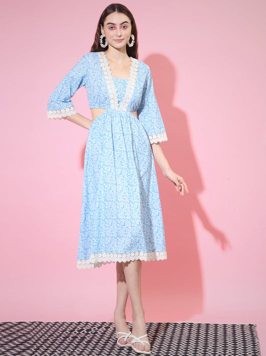Women's Blue Floral Printed Fit And Flare Dress
