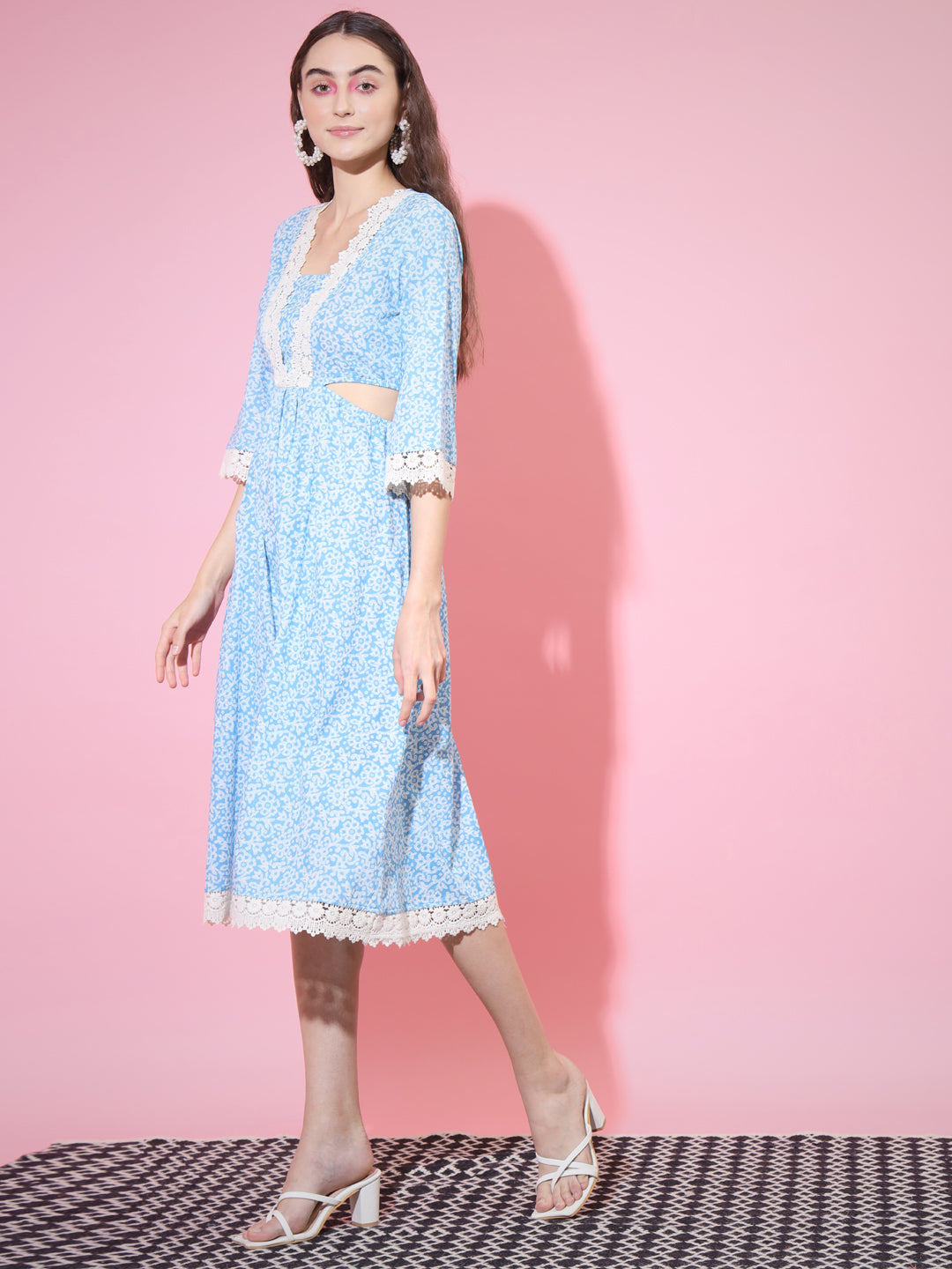 Women's Blue Floral Printed Fit And Flare Dress