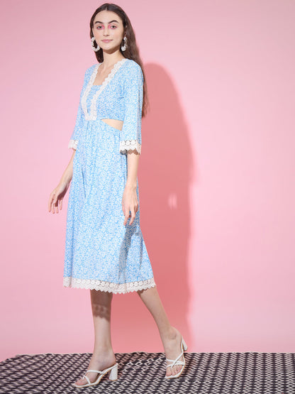 Women's Blue Floral Printed Fit And Flare Dress
