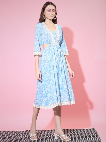 Women's Blue Floral Printed Fit And Flare Dress