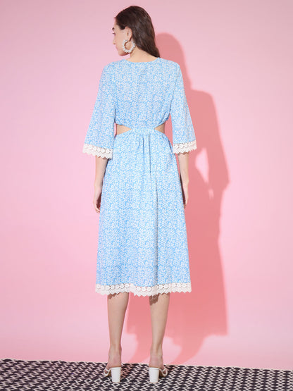 Women's Blue Floral Printed Fit And Flare Dress