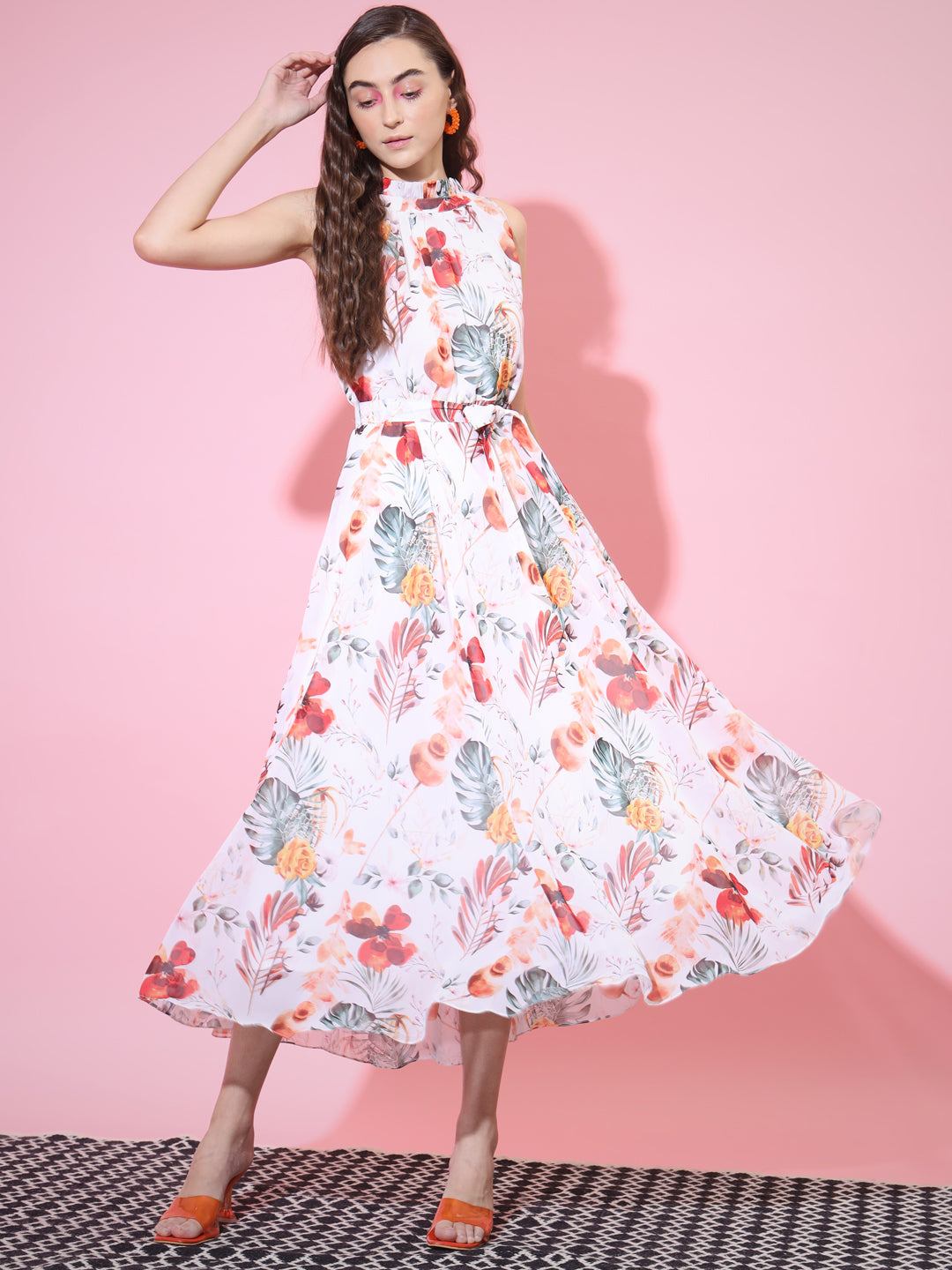 Women's White Floral Printed Empire Dress