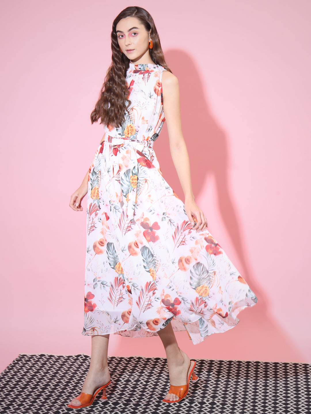 Women's White Floral Printed Empire Dress