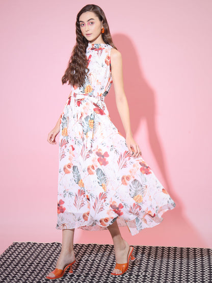 Women's White Floral Printed Empire Dress