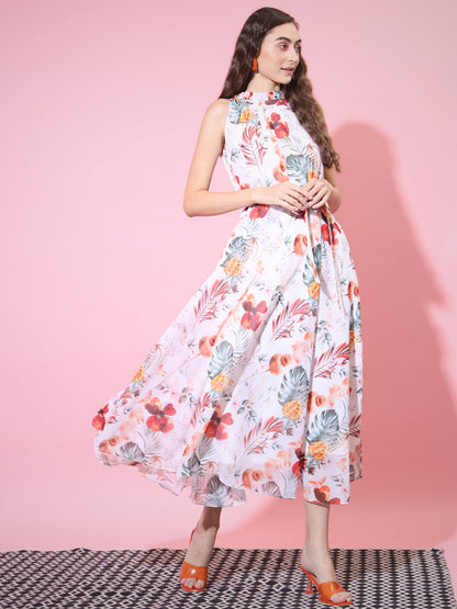 Women's White Floral Printed Empire Dress