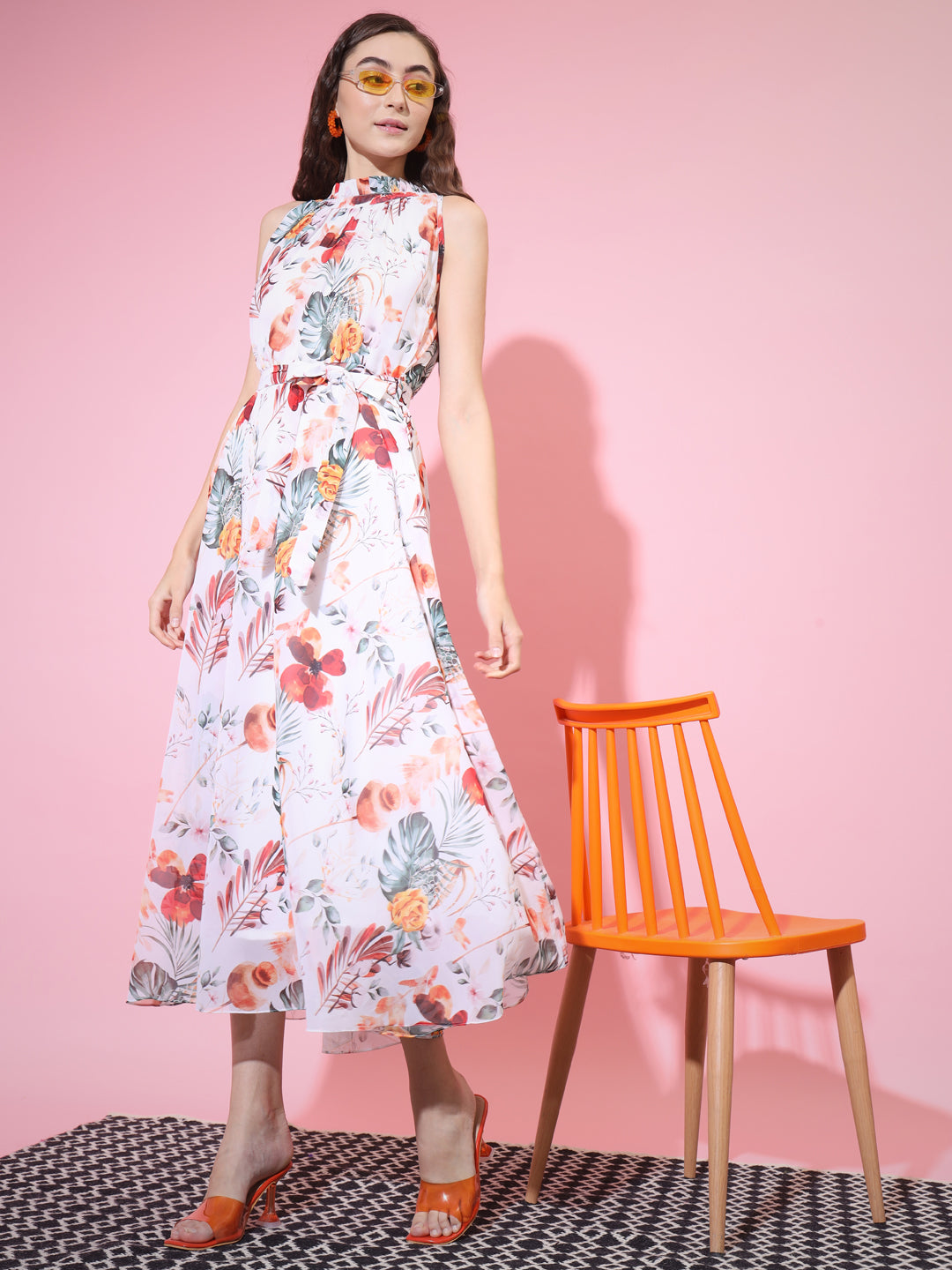 Women's White Floral Printed Empire Dress