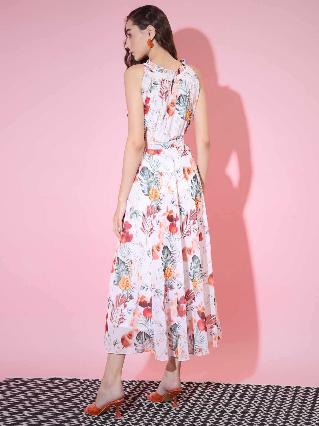 Women's White Floral Printed Empire Dress