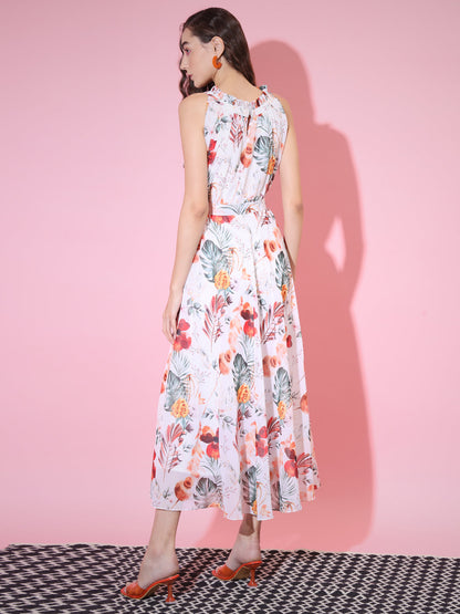 Women's White Floral Printed Empire Dress