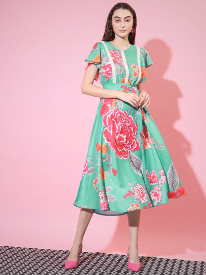 Women's Green Floral Printed Empire Dress