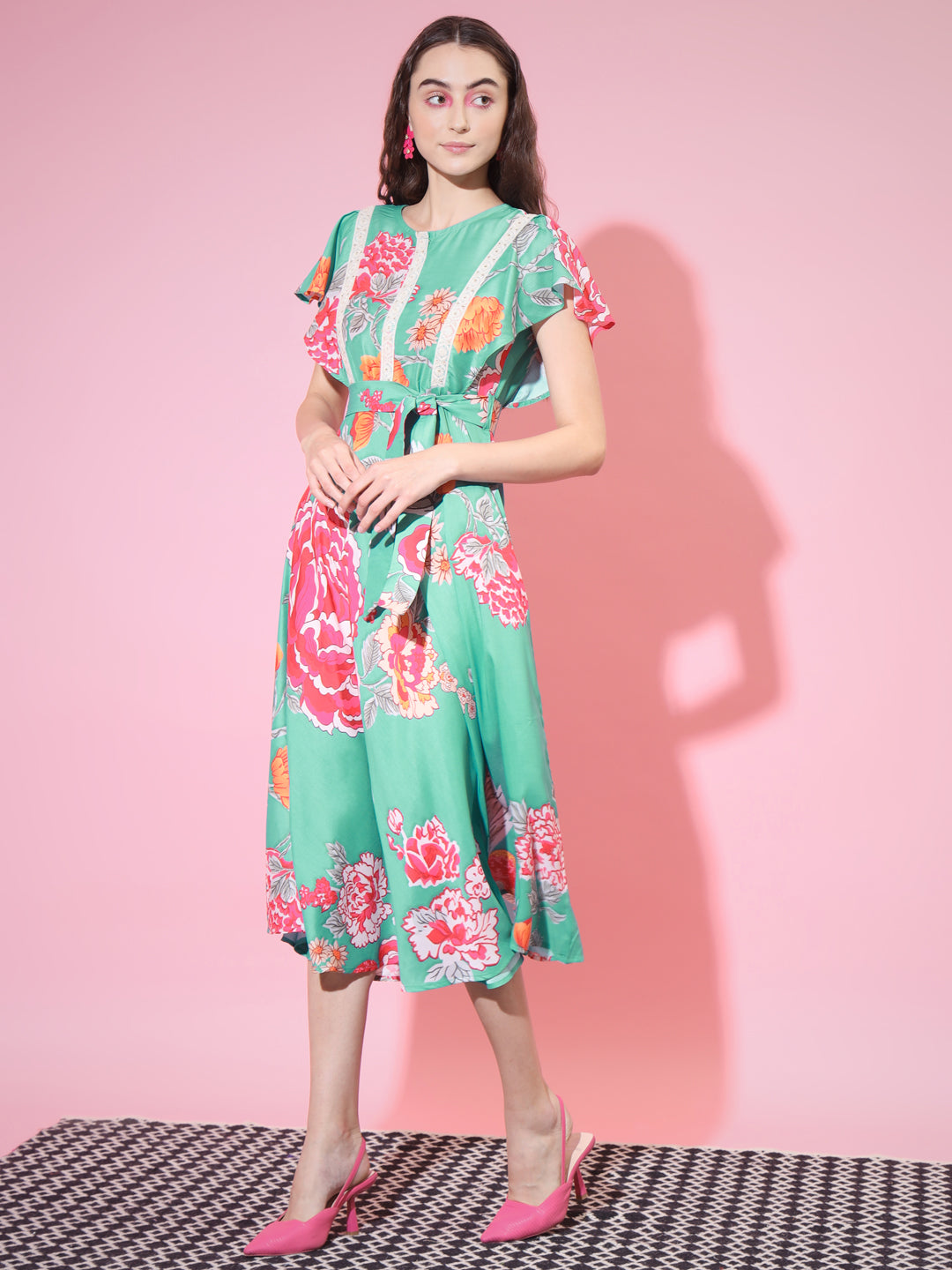Women's Green Floral Printed Empire Dress