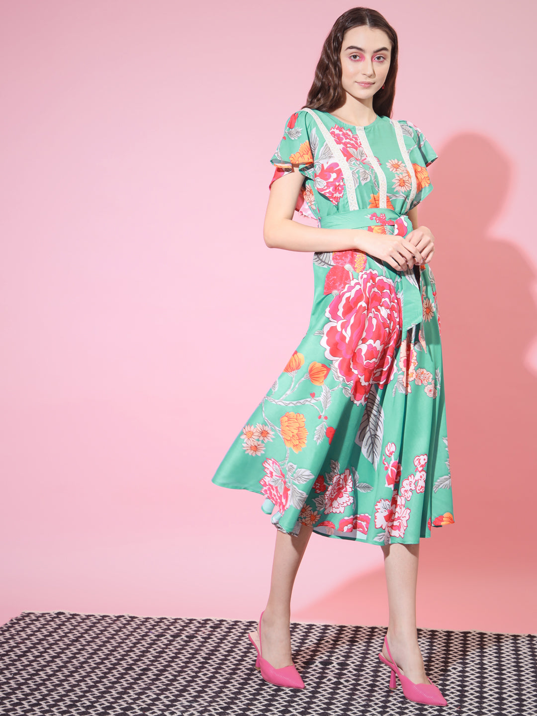 Women's Green Floral Printed Empire Dress