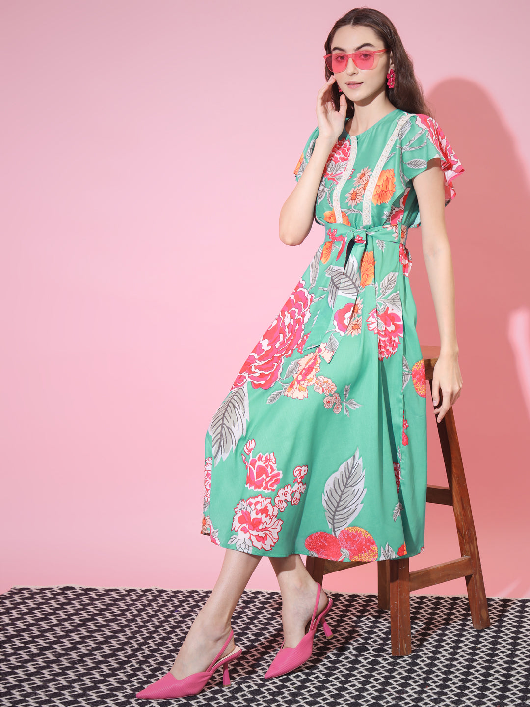 Women's Green Floral Printed Empire Dress