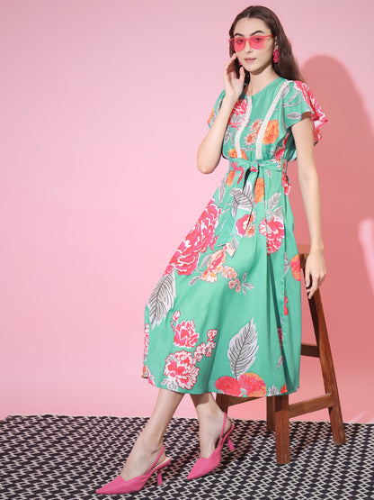 Women's Green Floral Printed Empire Dress