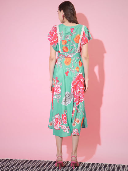 Women's Green Floral Printed Empire Dress