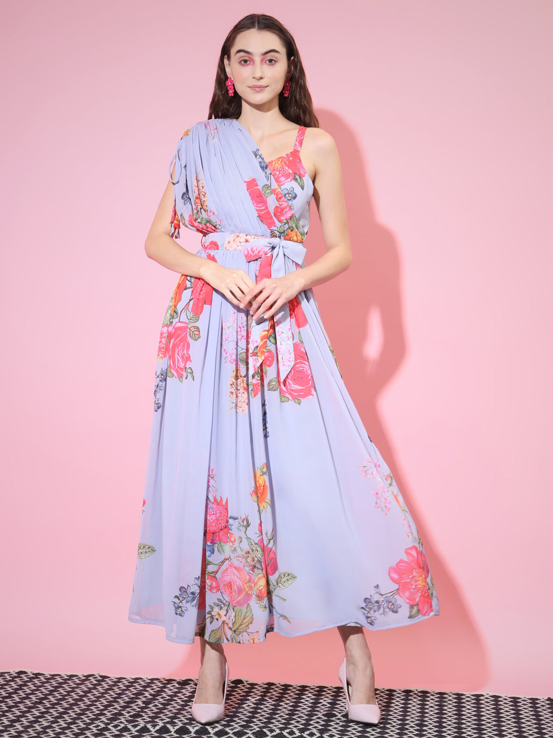 Women's Grey Floral Printed Empire Dress