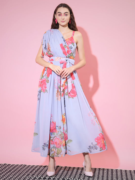 Women's Grey Floral Printed Empire Dress
