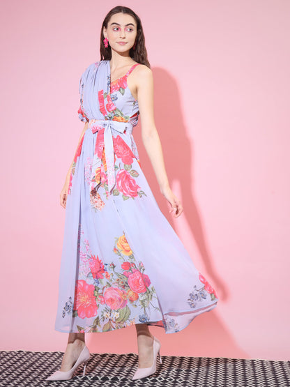 Women's Grey Floral Printed Empire Dress