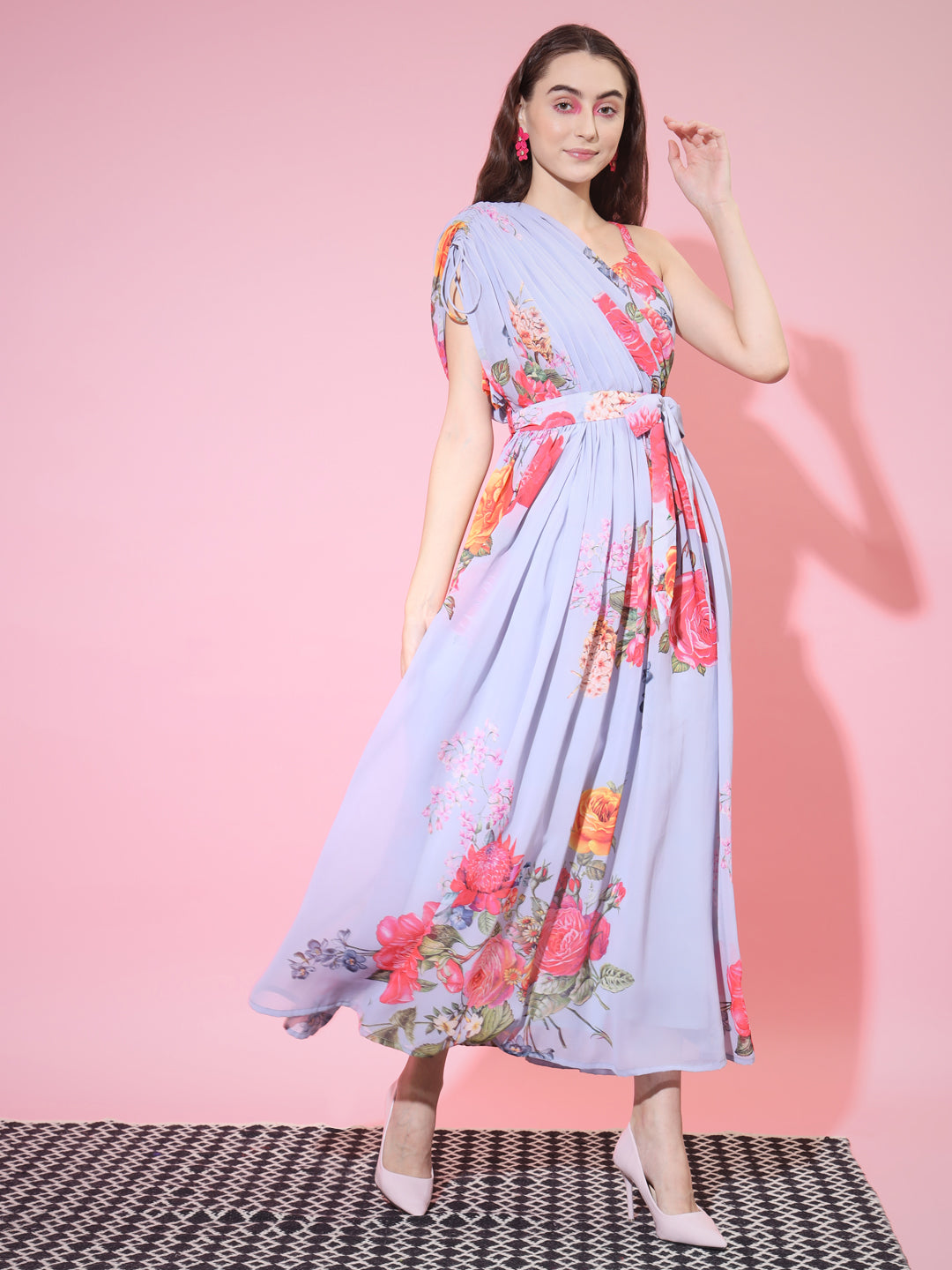 Women's Grey Floral Printed Empire Dress