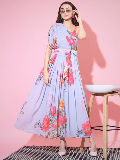 Women's Grey Floral Printed Empire Dress