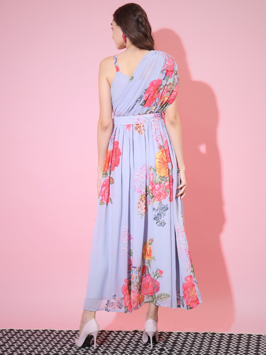 Women's Grey Floral Printed Empire Dress