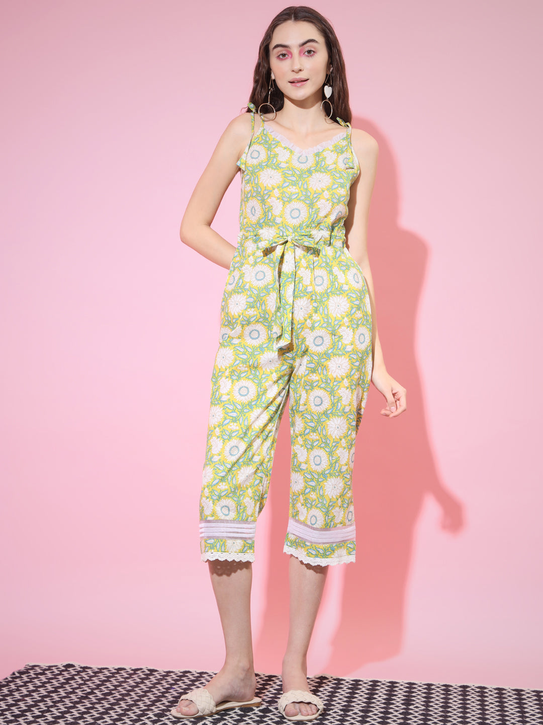 Women's Cotton Yellow Printed Jumpsuit