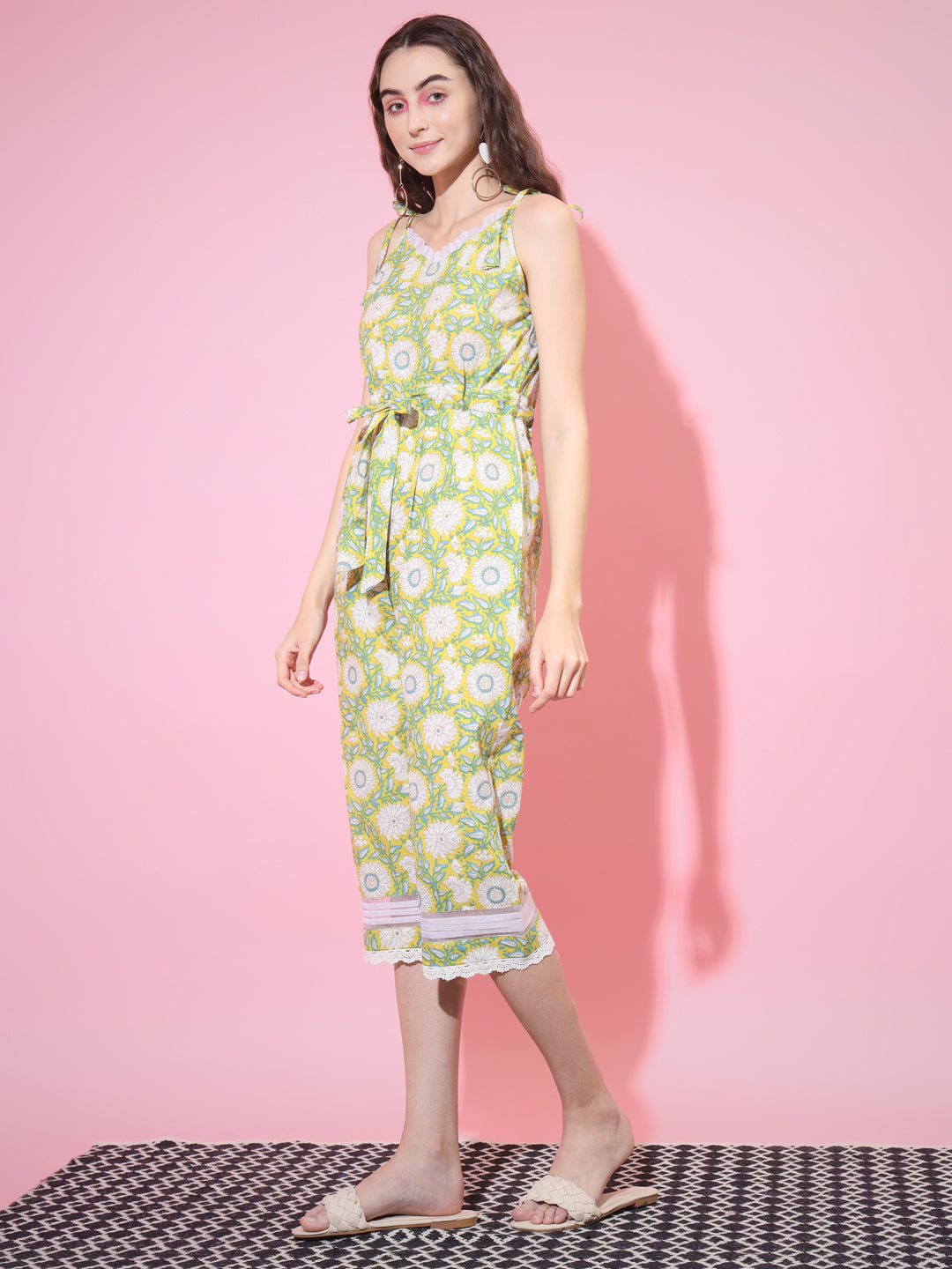 Women's Cotton Yellow Printed Jumpsuit