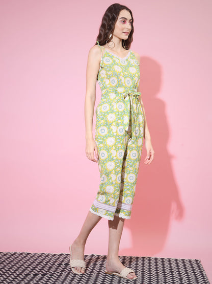 Women's Cotton Yellow Printed Jumpsuit