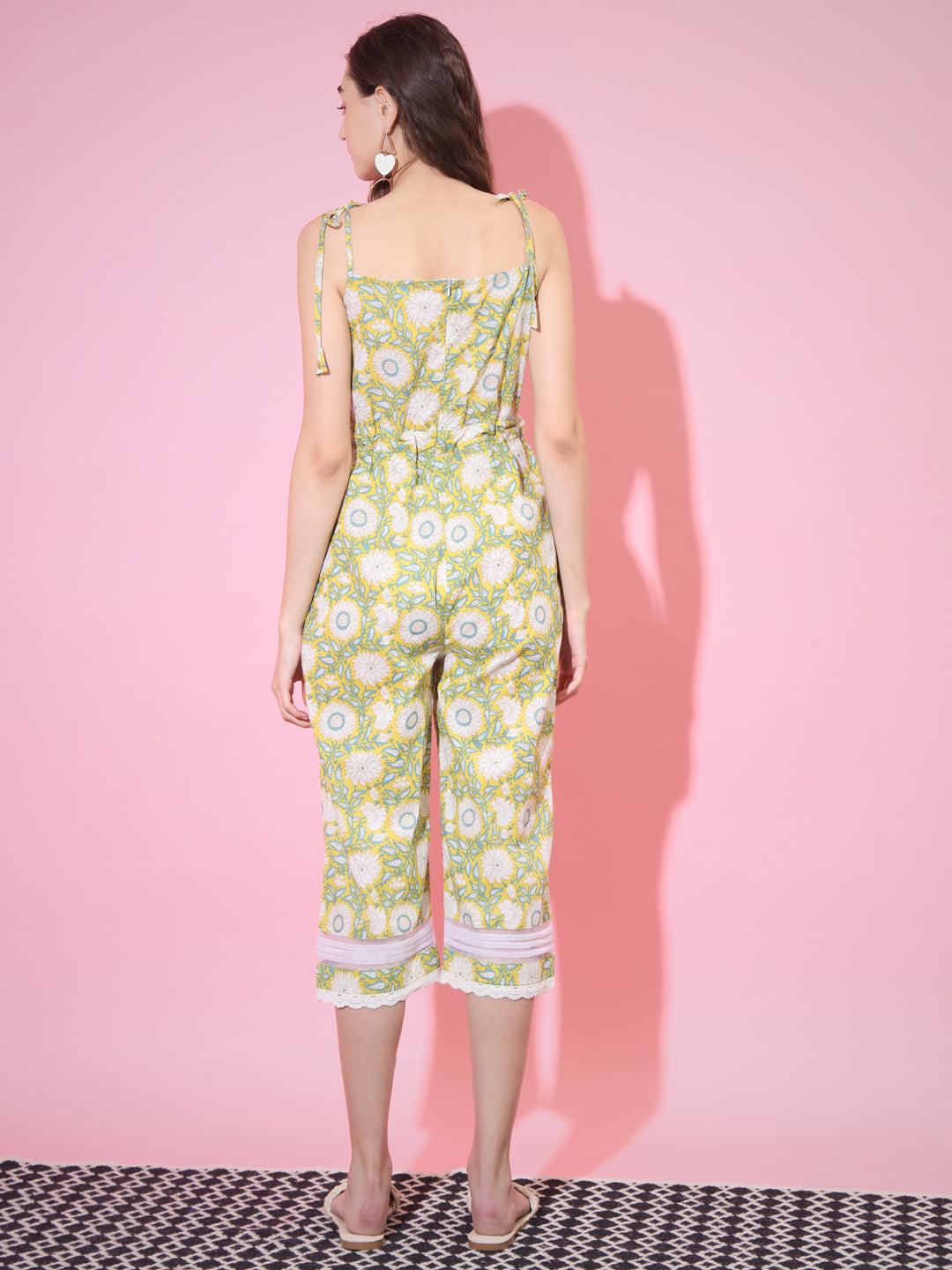 Women's Cotton Yellow Printed Jumpsuit