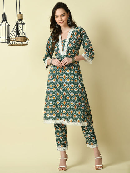 Women's Green Straight Printed Kurta