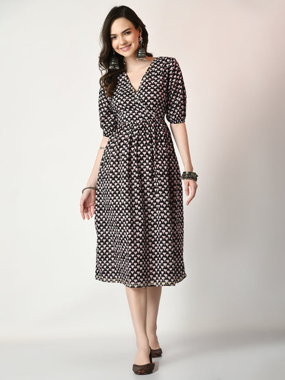 Women's Black Empire Printed Dress