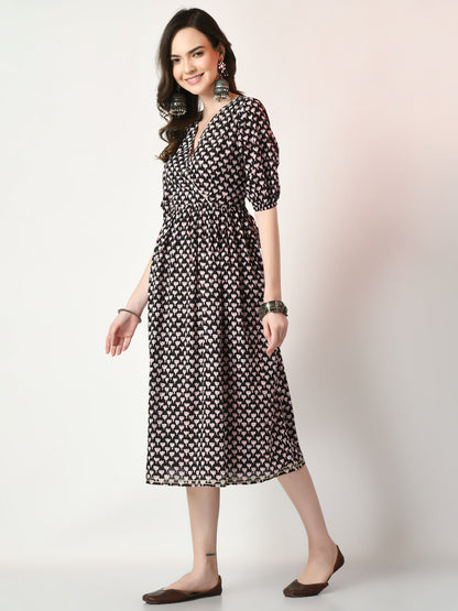 Women's Black Empire Printed Dress