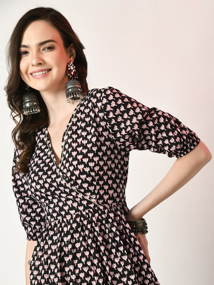 Women's Black Empire Printed Dress