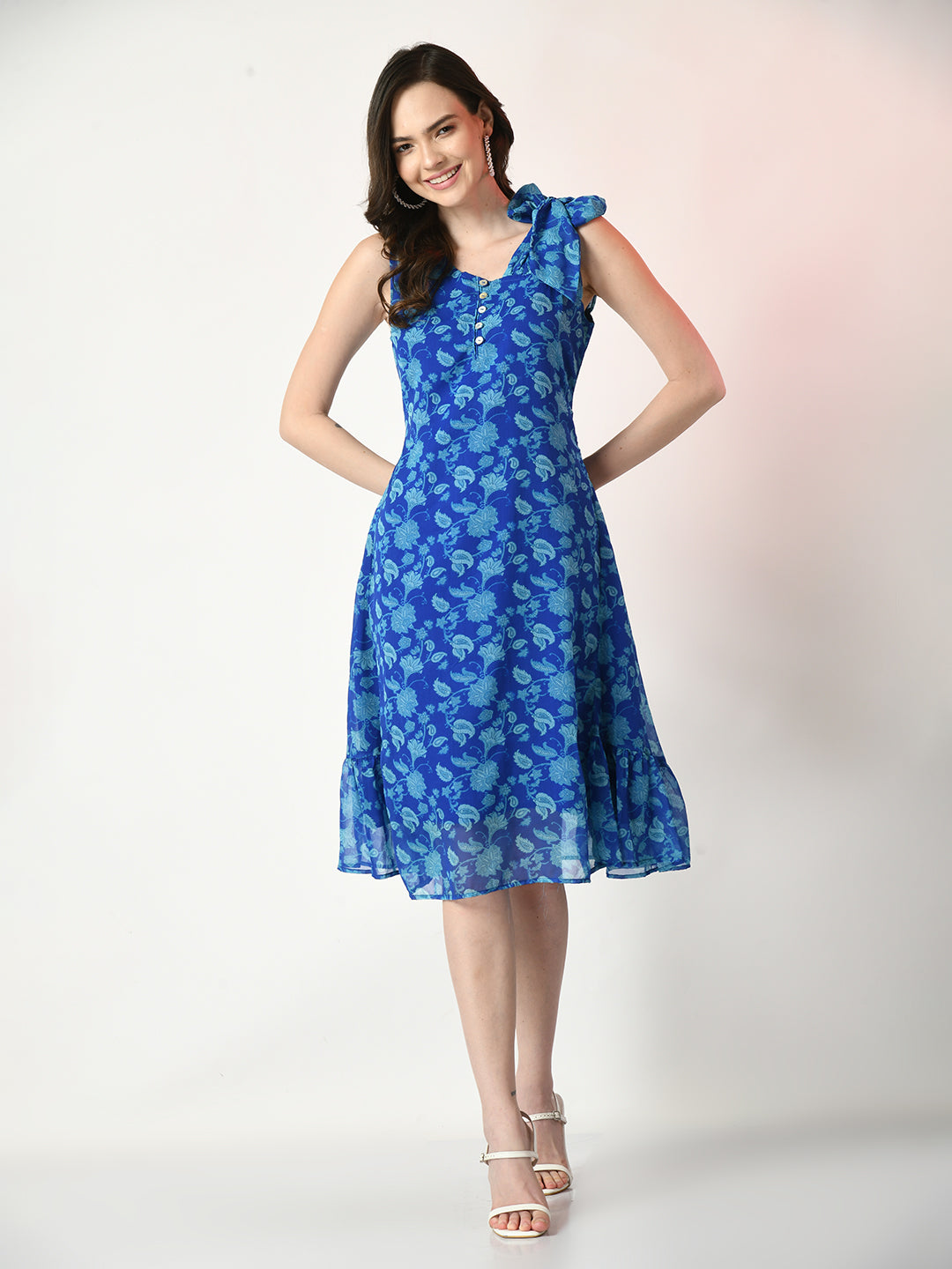 Women's Blue Fit And Flare Printed Dress