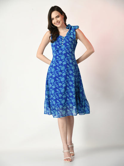 Women's Blue Fit And Flare Printed Dress